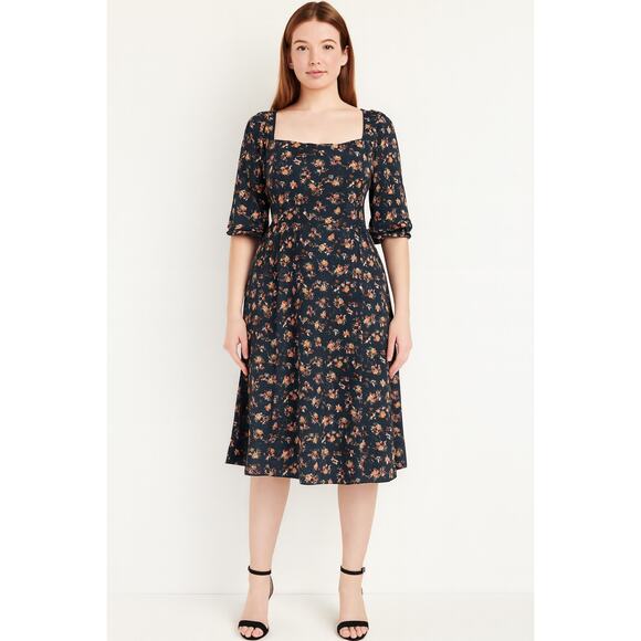 Julia Jordan Square Neck Floral A-Line Midi Dress Dark Teal Pockets Sz 10 - Picture 1 of 11